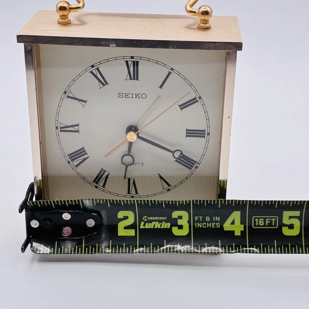 Vintage Seiko Quartz Carriage Alarm Clock Gold Tone Roman Numerals Japan Made